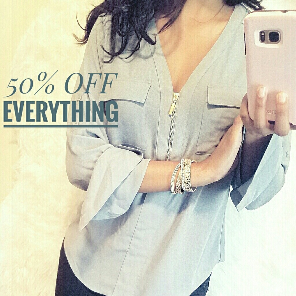 Express Blue Zip Up Pocket Blouse